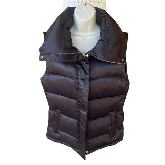 Talbots Down Puffer High Neck Puffer Vest Black Sheen Zip Front w/Snaps Womens M - Picture 1 of 8